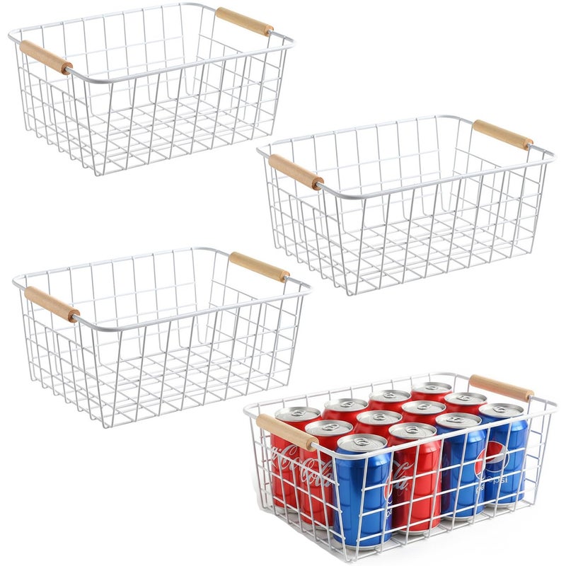 Aeggplant Kitchen Wire Baskets Farmhouse Decor Metal Food Storage Organizer,Household Refrigerator Bin with Built-in Handles for Cabinets, Pantry,Bathroom 4 Packs (white) - Image 1